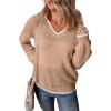 image:imageSHEWIN Womens Sweaters Casual Long Sleeve V Neck Crewneck Lightweight Crochet Pullover Sweater TopsB Light French Beige