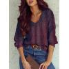 image:imageSHEWIN Womens Sweaters Casual Long Sleeve V Neck Crewneck Lightweight Crochet Pullover Sweater TopsB Red Dahlia