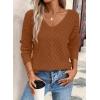 image:imageSHEWIN Womens Sweaters V Neck Long Sleeve Shirts Knit Hollow Out Crochet Sweater Fall Outfits for Women 2026Camel