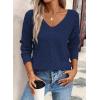 image:imageSHEWIN Womens Sweaters V Neck Long Sleeve Shirts Knit Hollow Out Crochet Sweater Fall Outfits for Women 2026Navy Blue