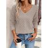 image:imageSHEWIN Womens Sweaters V Neck Long Sleeve Shirts Knit Hollow Out Crochet Sweater Fall Outfits for Women 2026Smoke Gray
