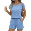 image:imageSHEWIN Womens 2 Piece Lounge Sets Crewneck Short Sleeve T Shirts and Drawstring Shorts Beach Vacation Outfits with PocketsBlue