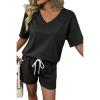image:imageSHEWIN Womens 2 Piece Short Sets V Neck Short Sleeve TShirts and Drawstring Shorts Beach Vacation Outfits with PocketsBlack