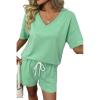 image:imageSHEWIN Womens 2 Piece Short Sets V Neck Short Sleeve TShirts and Drawstring Shorts Beach Vacation Outfits with PocketsGreen