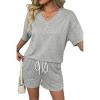 image:imageSHEWIN Womens 2 Piece Short Sets V Neck Short Sleeve TShirts and Drawstring Shorts Beach Vacation Outfits with PocketsGrey