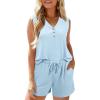 image:imageSHEWIN Womens Ribbed Knit 2 Piece Short Sets Summer Lounge Matching Outfits With PocketsLight Blue
