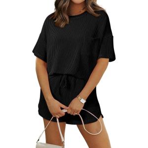 image:imageSHEWIN 2 Piece Sets for Women Summer Short Sleeve Shirts High Waisted Shorts with Pockets Lounge Matching SetBlack