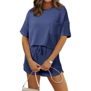 image:imageSHEWIN 2 Piece Sets for Women Summer Short Sleeve Shirts High Waisted Shorts with Pockets Lounge Matching SetBluing