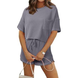 image:imageSHEWIN 2 Piece Sets for Women Summer Short Sleeve Shirts High Waisted Shorts with Pockets Lounge Matching SetGrey