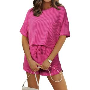 image:imageSHEWIN 2 Piece Sets for Women Summer Short Sleeve Shirts High Waisted Shorts with Pockets Lounge Matching SetRose Red