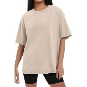 image:imageSHEWIN Oversized Wash Out Fabric Tee Shirts Trendy Cotton Tops Casual Work Tshirt 2026Beige