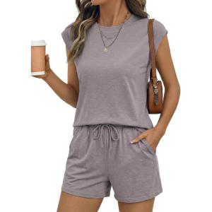 image:imageSHEWIN Two Piece Sets for Women Cap Sleeve Tops and Shorts Lounge Set with Pockets Womens Summer Outfits 2026Dark Grey