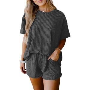 image:imageSHEWIN Two Piece Sets for Women Summer Short Sleeve Shirts High Waisted Shorts with Pockets Pajamas Lounge Matching SetBlack