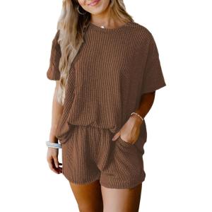 image:imageSHEWIN Two Piece Sets for Women Summer Short Sleeve Shirts High Waisted Shorts with Pockets Pajamas Lounge Matching SetCoffee