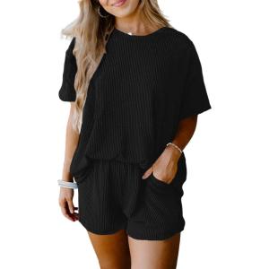 image:imageSHEWIN Two Piece Sets for Women Summer Short Sleeve Shirts High Waisted Shorts with Pockets Pajamas Lounge Matching SetDark Black