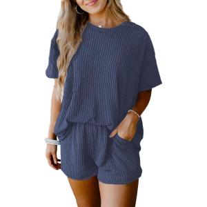 image:imageSHEWIN Two Piece Sets for Women Summer Short Sleeve Shirts High Waisted Shorts with Pockets Pajamas Lounge Matching SetDark Blue