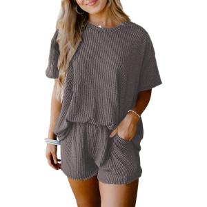 image:imageSHEWIN Two Piece Sets for Women Summer Short Sleeve Shirts High Waisted Shorts with Pockets Pajamas Lounge Matching SetGrey