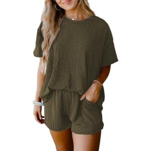image:imageSHEWIN Two Piece Sets for Women Summer Short Sleeve Shirts High Waisted Shorts with Pockets Pajamas Lounge Matching SetJungle Green