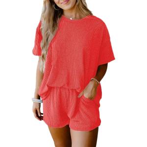 image:imageSHEWIN Two Piece Sets for Women Summer Short Sleeve Shirts High Waisted Shorts with Pockets Pajamas Lounge Matching SetOrange