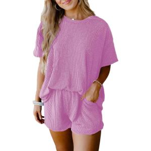image:imageSHEWIN Two Piece Sets for Women Summer Short Sleeve Shirts High Waisted Shorts with Pockets Pajamas Lounge Matching SetPurple