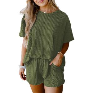 image:imageSHEWIN Two Piece Sets for Women Summer Short Sleeve Shirts High Waisted Shorts with Pockets Pajamas Lounge Matching SetVineyard Green