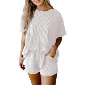image:imageSHEWIN Two Piece Sets for Women Summer Short Sleeve Shirts High Waisted Shorts with Pockets Pajamas Lounge Matching SetWhite