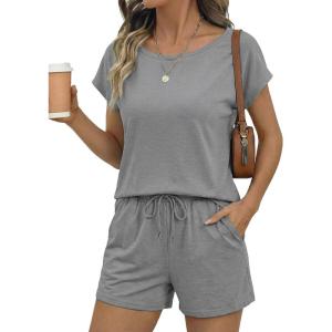 image:imageSHEWIN Womens 2 Piece Lounge Sets Crewneck Short Sleeve T Shirts and Drawstring Shorts Beach Vacation Outfits with PocketsGrey