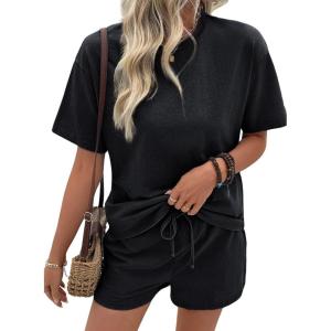 image:imageSHEWIN Womens 2 Piece Sets Short Sweat Matching Lounge Set Cotton Comfy Clothes Summer Outfits Airport LoungewearBlack