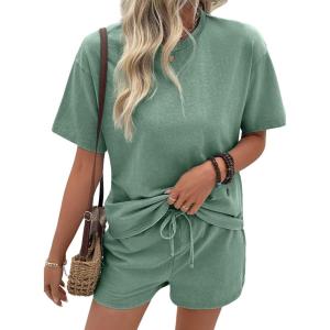 image:imageSHEWIN Womens 2 Piece Sets Short Sweat Matching Lounge Set Cotton Comfy Clothes Summer Outfits Airport LoungewearForest Green