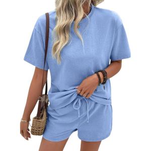 image:imageSHEWIN Womens 2 Piece Sets Short Sweat Matching Lounge Set Cotton Comfy Clothes Summer Outfits Airport LoungewearLight Blue