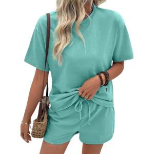 image:imageSHEWIN Womens 2 Piece Sets Short Sweat Matching Lounge Set Cotton Comfy Clothes Summer Outfits Airport LoungewearLight Green