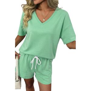 image:imageSHEWIN Womens 2 Piece Short Sets V Neck Short Sleeve TShirts and Drawstring Shorts Beach Vacation Outfits with PocketsGreen