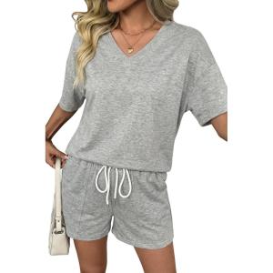 image:imageSHEWIN Womens 2 Piece Short Sets V Neck Short Sleeve TShirts and Drawstring Shorts Beach Vacation Outfits with PocketsGrey