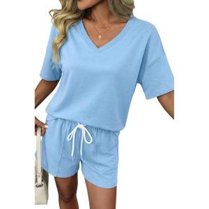 image:imageSHEWIN Womens 2 Piece Short Sets V Neck Short Sleeve TShirts and Drawstring Shorts Beach Vacation Outfits with PocketsLight Blue
