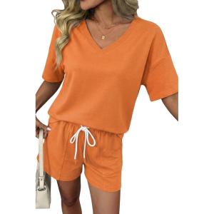 image:imageSHEWIN Womens 2 Piece Short Sets V Neck Short Sleeve TShirts and Drawstring Shorts Beach Vacation Outfits with PocketsOrange