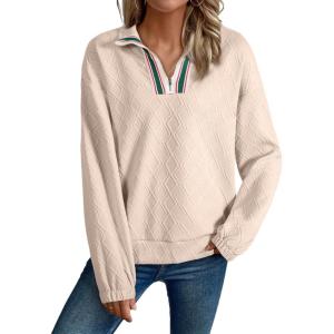 image:imageSHEWIN Womens Casual Textured Sweatshirt Colorblock Striped Collar Quarter Zip Long Sleeve Pullover Tops