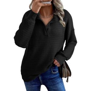 image:imageSHEWIN Womens Fall Fashion 2025 V Neck Waffle Knit Long Sleeve Shirts for Women Pullover TopsBlack
