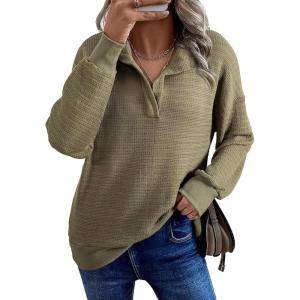 image:imageSHEWIN Womens Fall Fashion 2025 V Neck Waffle Knit Long Sleeve Shirts for Women Pullover TopsGreen