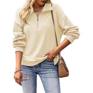 image:imageSHEWIN Womens Half Zip Sweatshirt Fall Loose High Neck Pullover TopsBeige