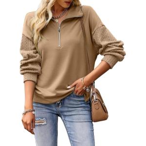 image:imageSHEWIN Womens Half Zip Sweatshirt Fall Loose High Neck Pullover TopsLight French Beige