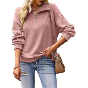 image:imageSHEWIN Womens Half Zip Sweatshirt Fall Loose High Neck Pullover TopsPink