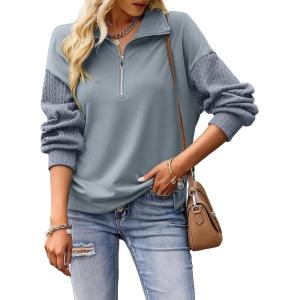 image:imageSHEWIN Womens Half Zip Sweatshirt Fall Loose High Neck Pullover TopsStone Blue