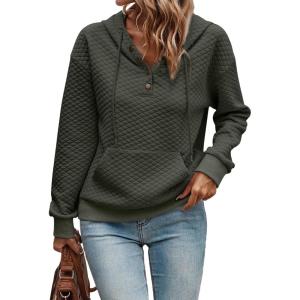 image:imageSHEWIN Womens Hoodies Casual Long Sleeve Quilted Half Button Drawstring Hooded SweatshirtGreen