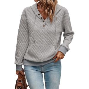 image:imageSHEWIN Womens Hoodies Casual Long Sleeve Quilted Half Button Drawstring Hooded SweatshirtGrey