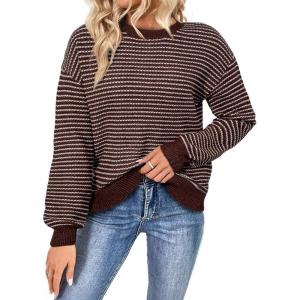 image:imageSHEWIN Womens Long Sleeve Crewneck Striped Side Split Pullover SweaterCoffee