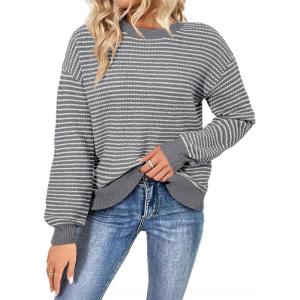 image:imageSHEWIN Womens Long Sleeve Crewneck Striped Side Split Pullover SweaterGrey