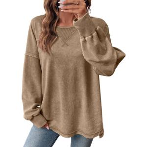 image:imageSHEWIN Womens Long Sleeve Crewneck SweatshirtKhaki