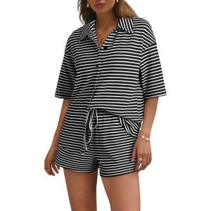 image:imageSHEWIN Womens Pajama Sets Short Sleeve 2 Piece Lounge Sets Summer Outfits for WomenBlack