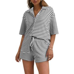 image:imageSHEWIN Womens Pajama Sets Short Sleeve 2 Piece Lounge Sets Summer Outfits for WomenWhite