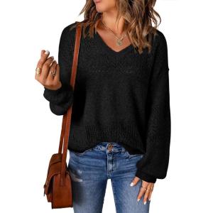 image:imageSHEWIN Womens Sweaters Casual Long Sleeve V Neck Crewneck Lightweight Crochet Pullover Sweater TopsA Black